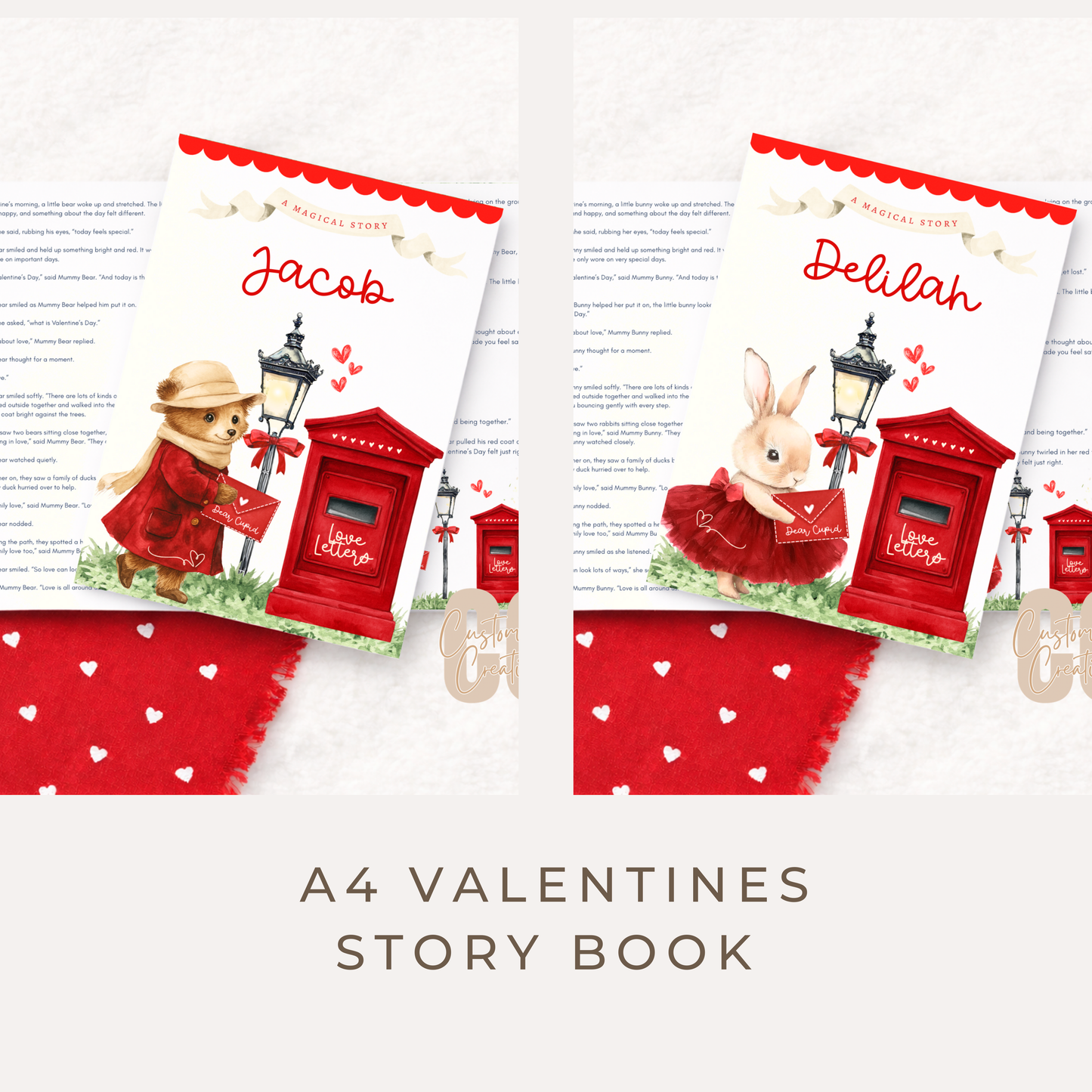 Personalised A4 Valentine’s Day Story Book – Bunny or Bear Design with Postbox