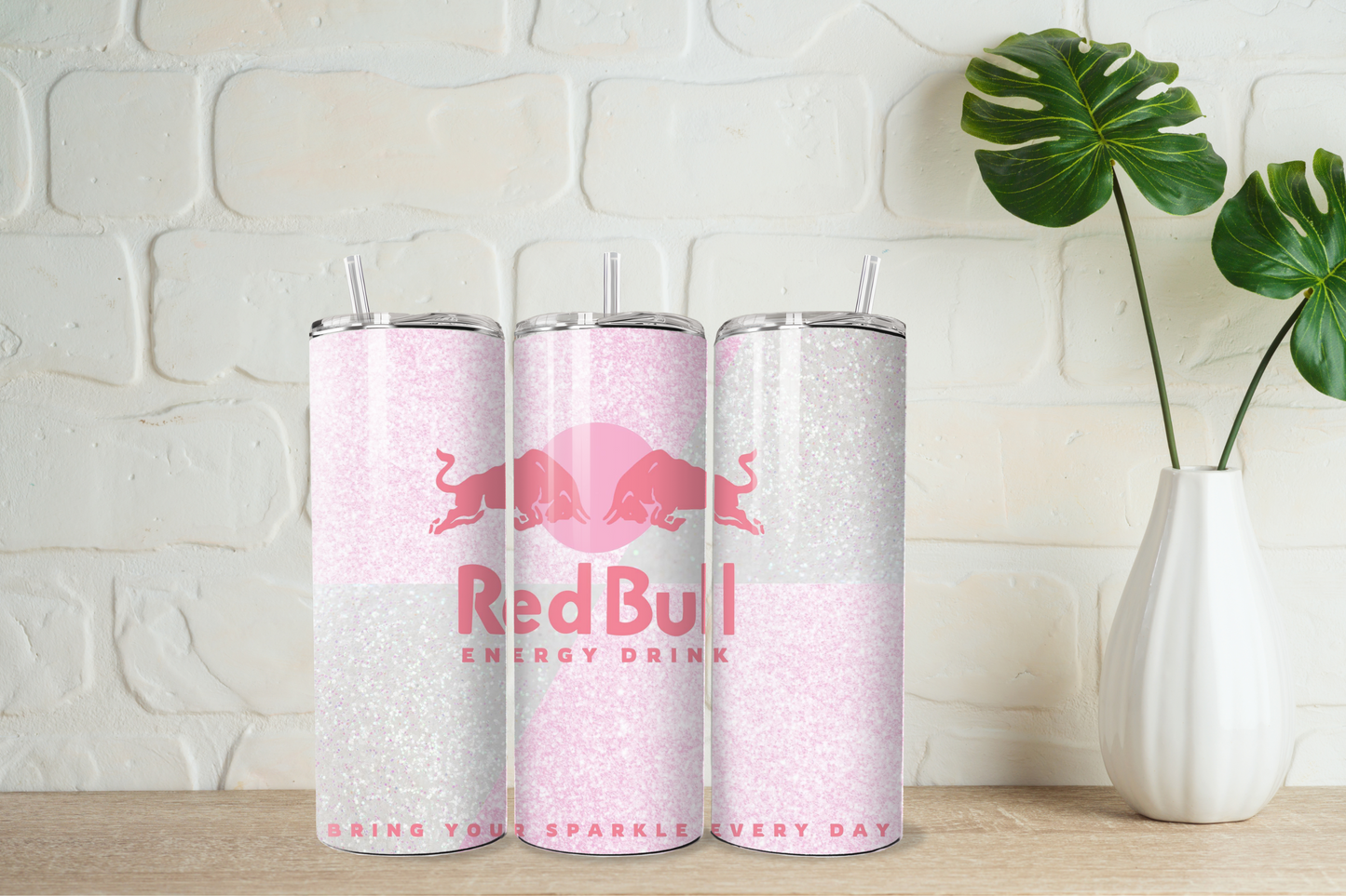 Pink/silver sparkle effect red bull 20oz tumbler