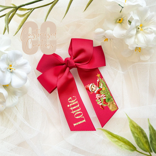 Christmas hair bow - red elf tree