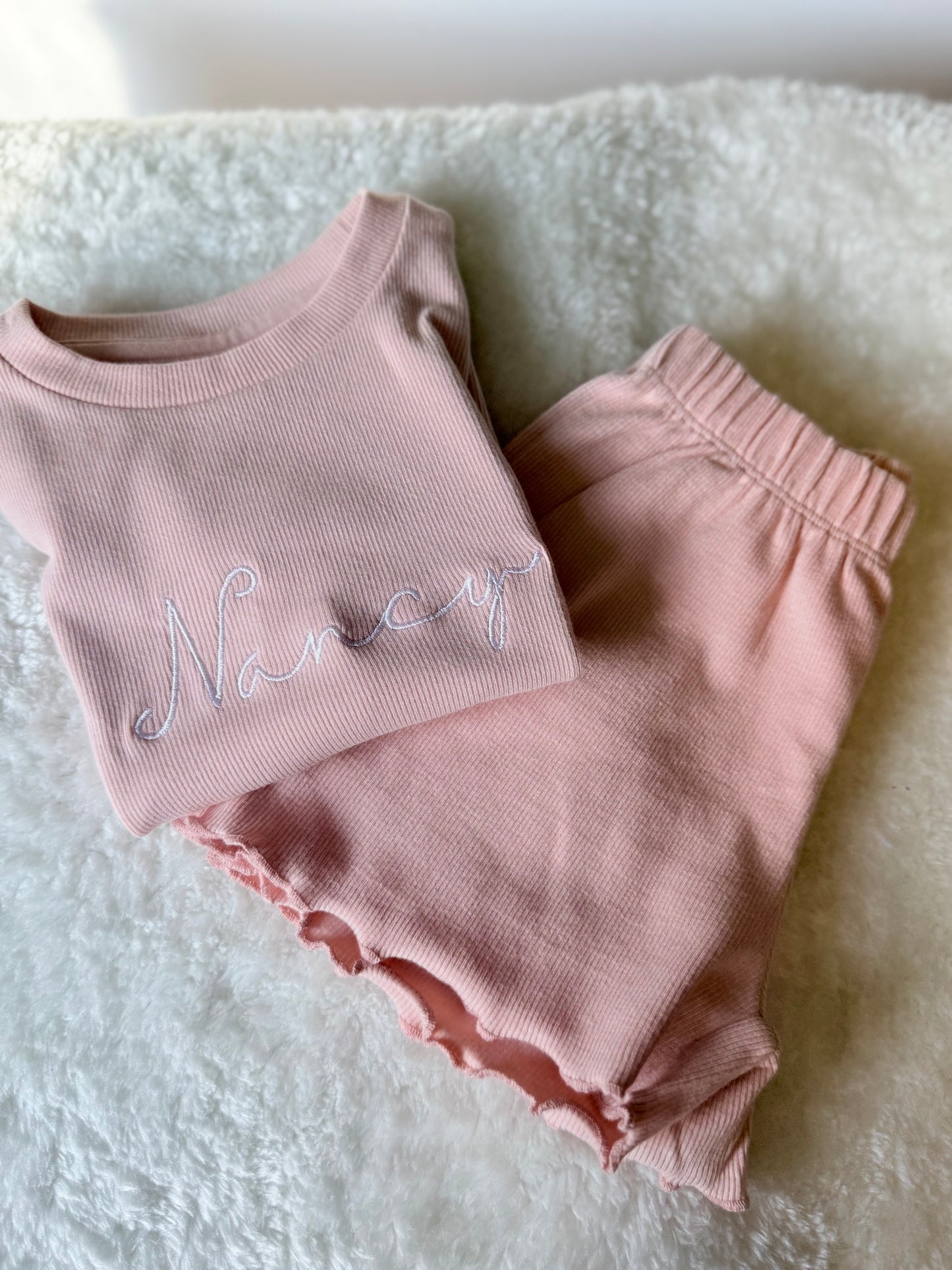 Embroidered girls tshirt and shorts rib set - all colours