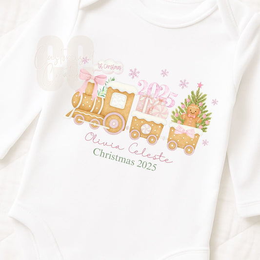 Pink gingerbread train christmas bib/vest/babygrow