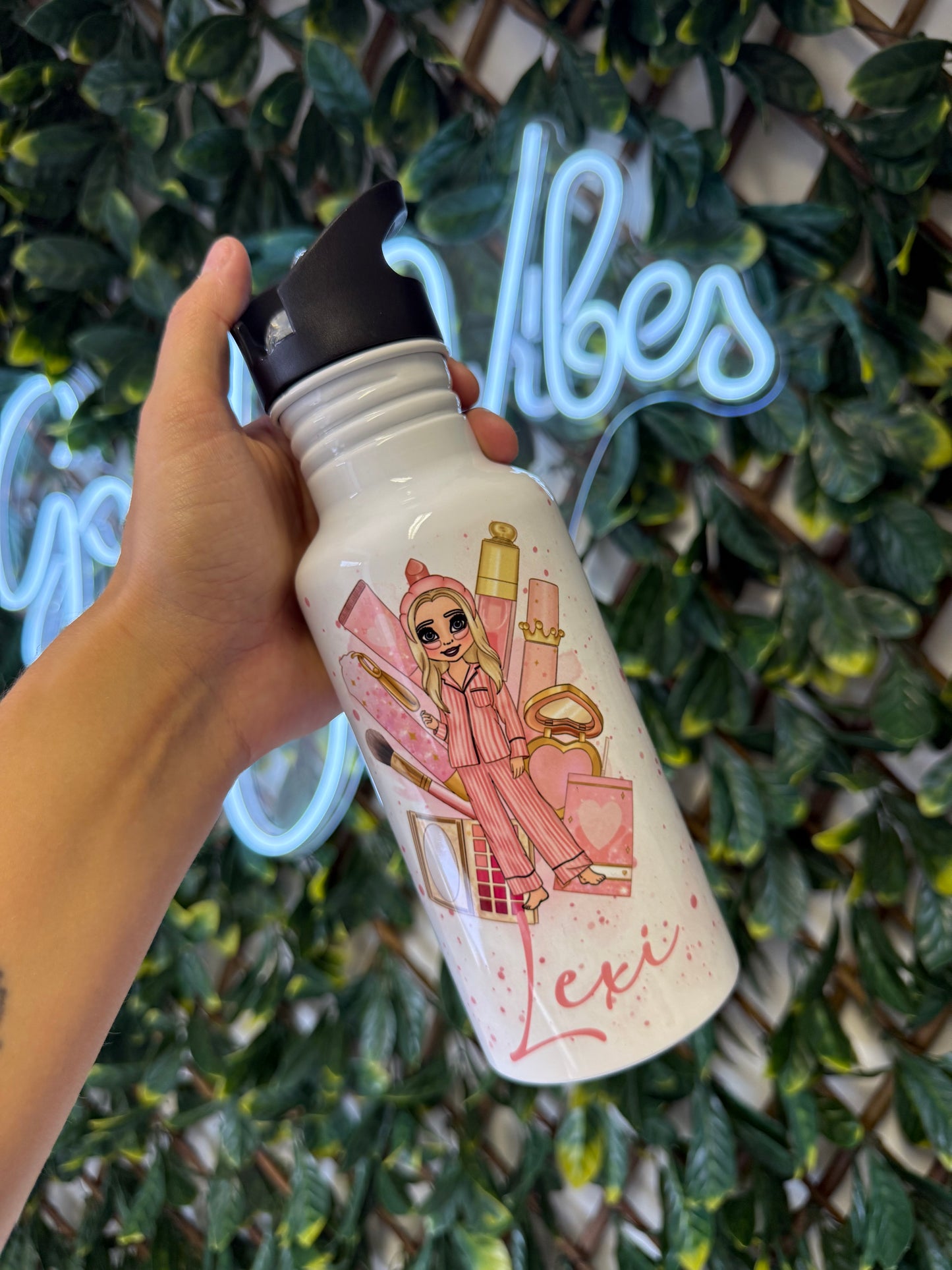 Stainless steel flip straw water bottle - make up girl