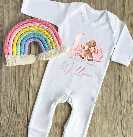 Pink gingerbread 1st Christmas babygrow