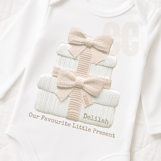 Beige Our favourite little present Christmas embroidery effect bib/babygrow/vest