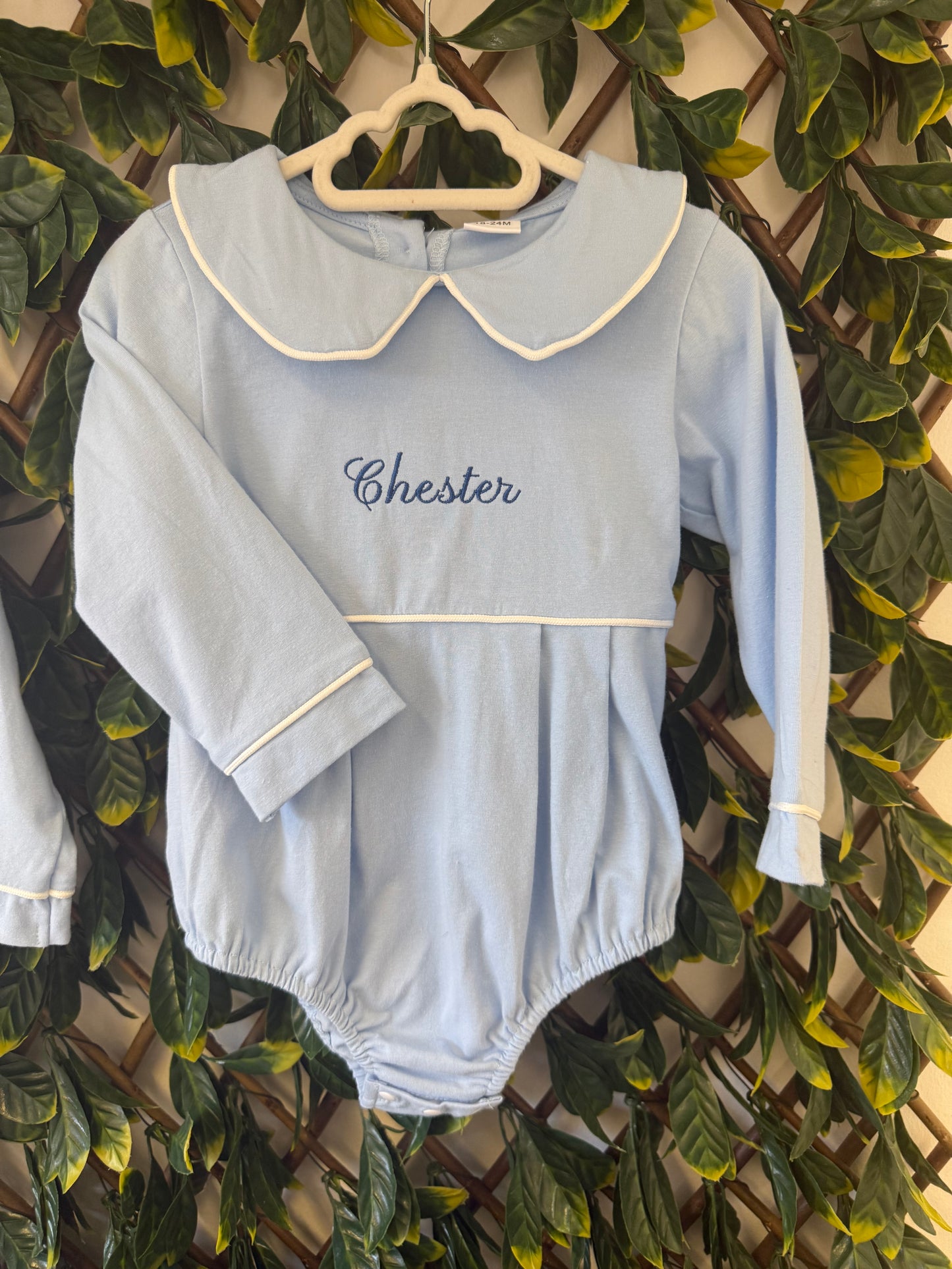 Embroidered Long sleeved collared romper - pink, blue or white
