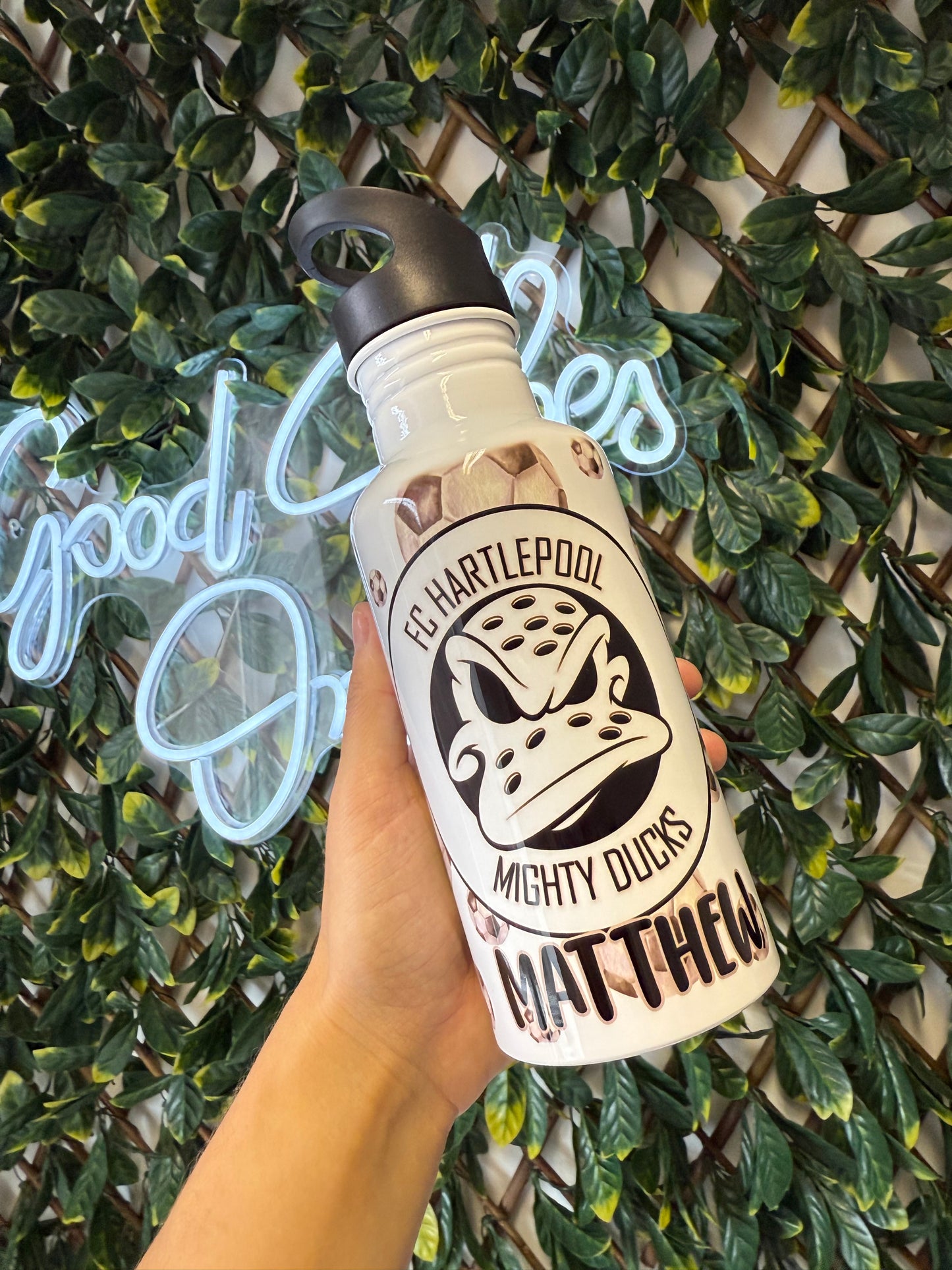Stainless steel flip straw water bottle - football
