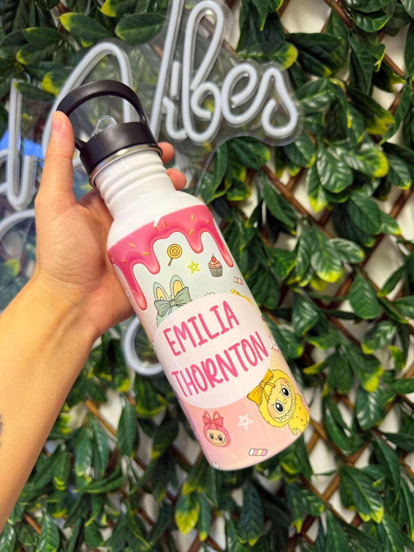 Stainless steel flip straw water bottle - pink Labubu