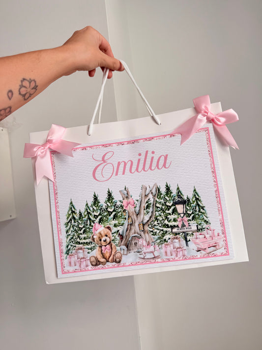 Pink bear christmas gift bag
