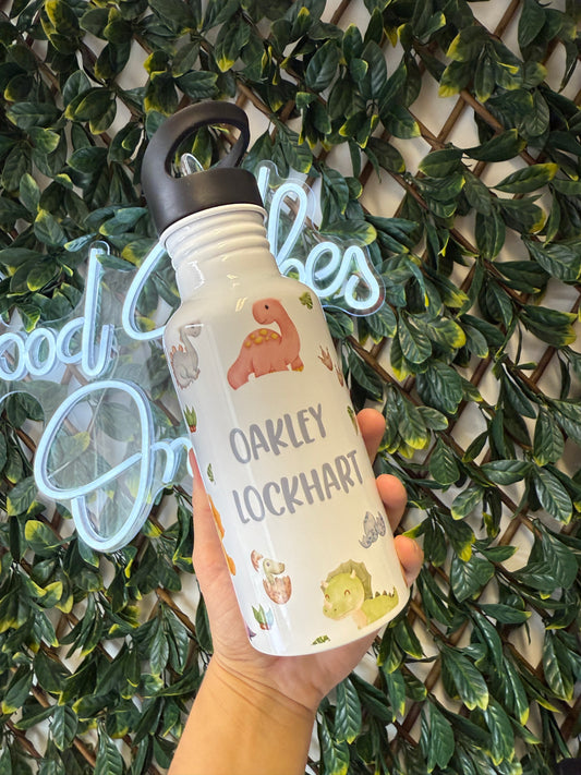 Stainless steel flip straw water bottle - dinosaur
