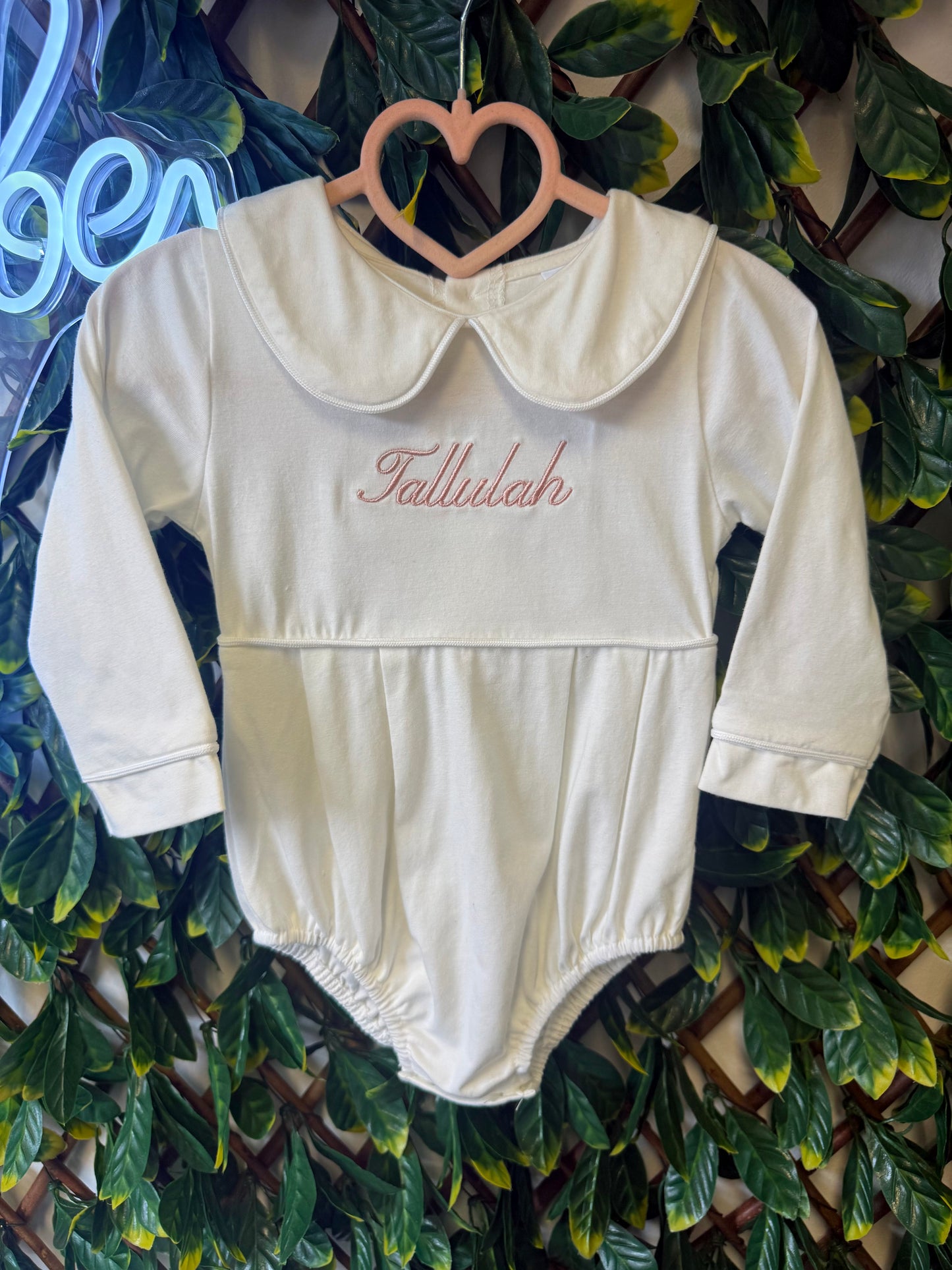 Embroidered Long sleeved collared romper - pink, blue or white