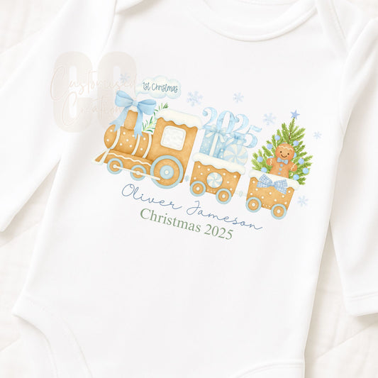 Blue gingerbread train bib/vest/babygrow