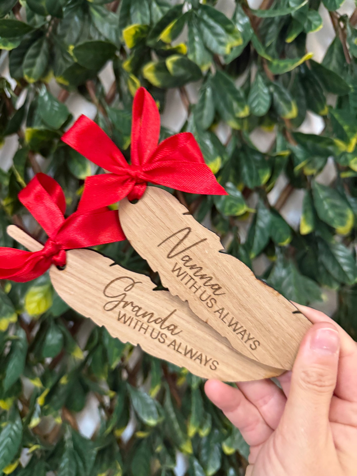 Wooden engraved Christmas feather bauble