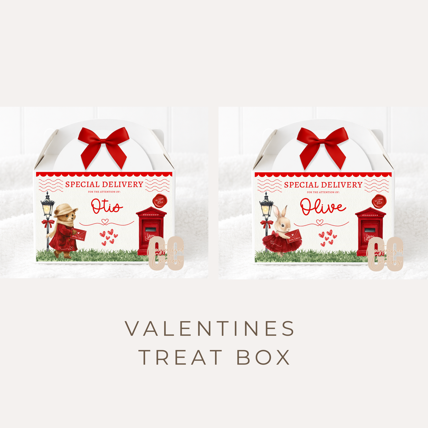 Personalised Valentine’s Treat Box – Red Bunny or Bear Post Box Design (15cm x 10cm x 10cm)