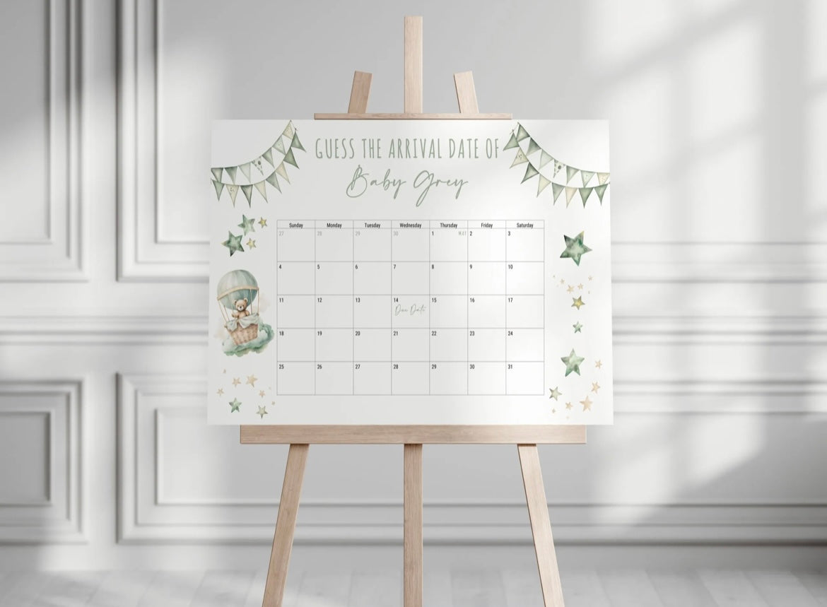 Bear In Hot Air Balloon Baby Shower Guess The Arrival Date Of Baby Board - Pink, Blue, Green, Neutral