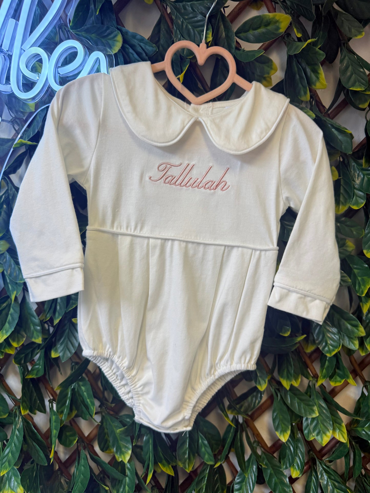 Embroidered Long sleeved collared romper - pink, blue or white