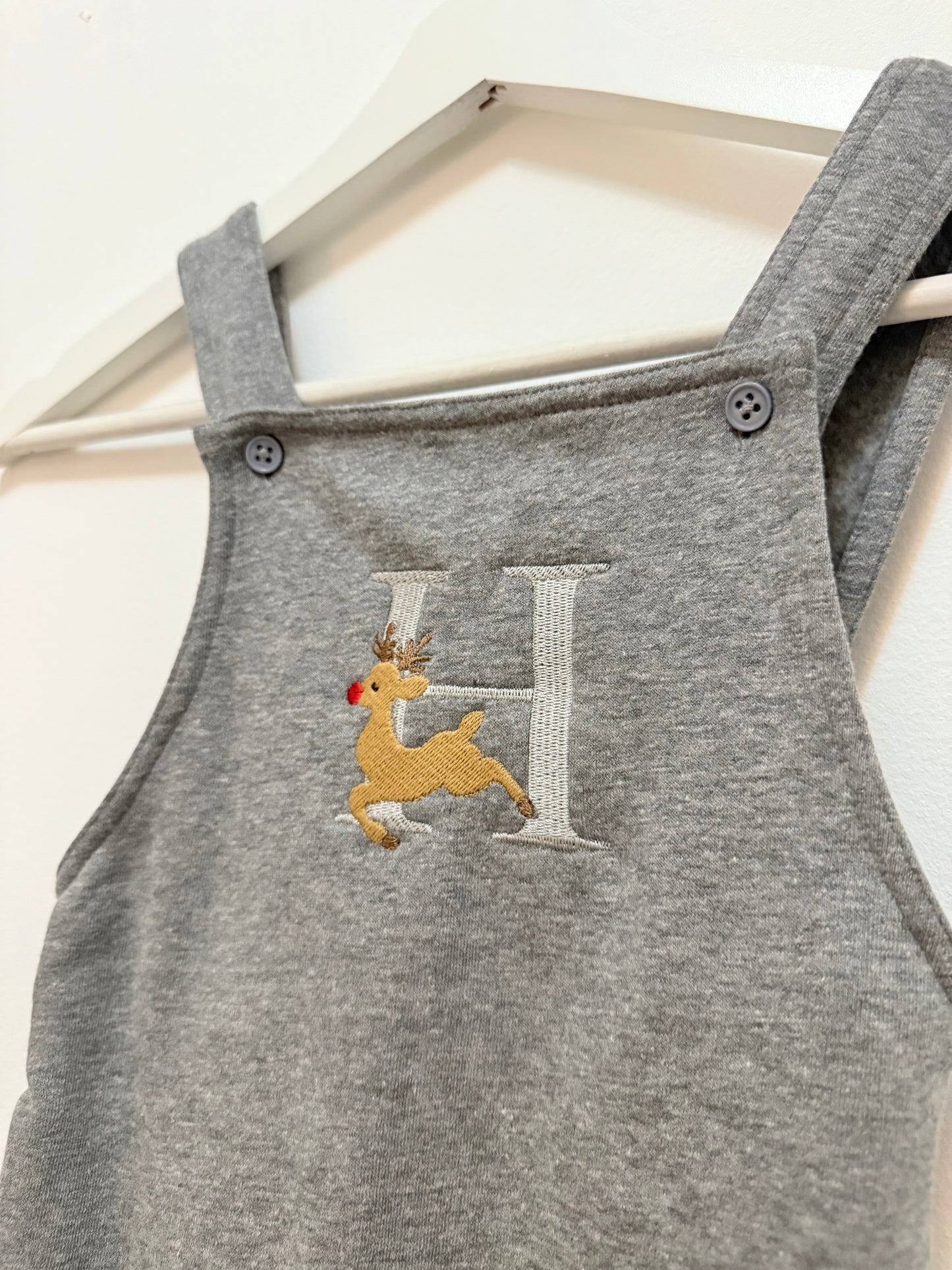 Embroidered Christmas reindeer initial overalls