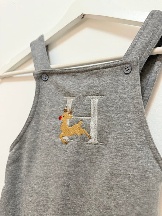 Embroidered Christmas reindeer initial overalls