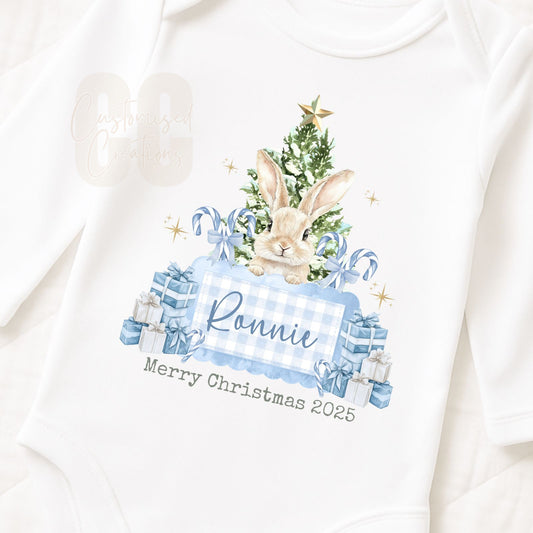 Blue gingham bunny christmas bib/vest/babygrow