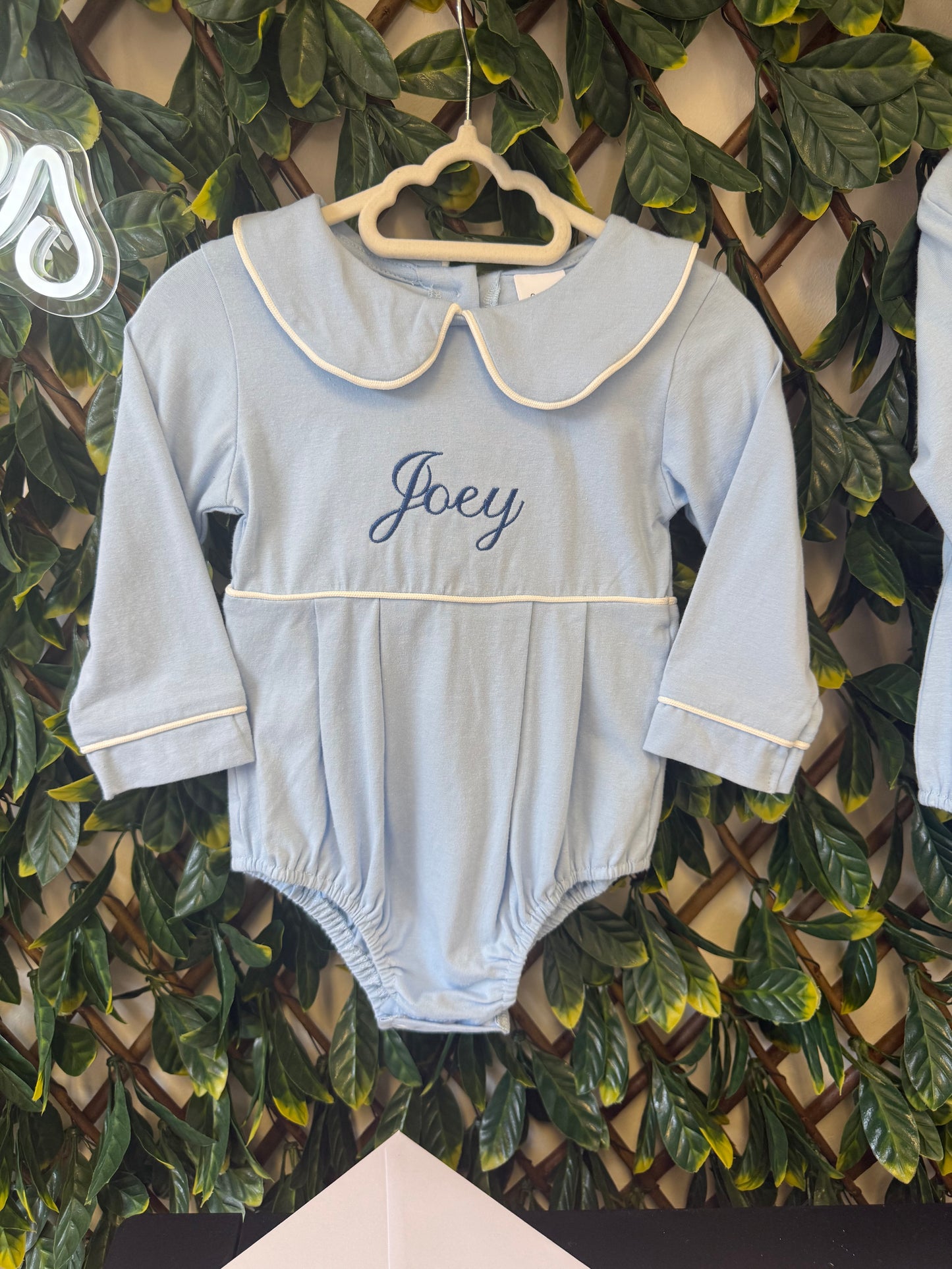 Embroidered Long sleeved collared romper - pink, blue or white