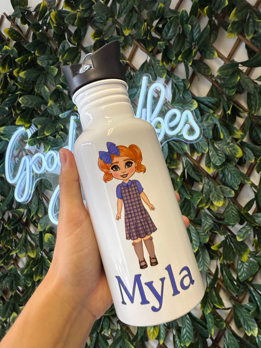 Stainless steel flip straw water bottle - school girl