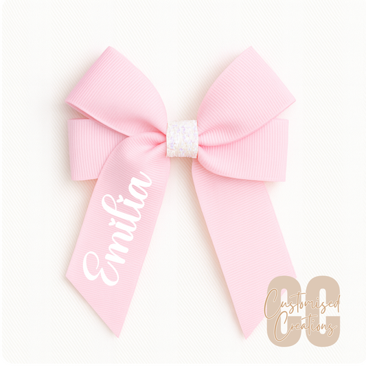 4inch hair bow - pink/white glitter