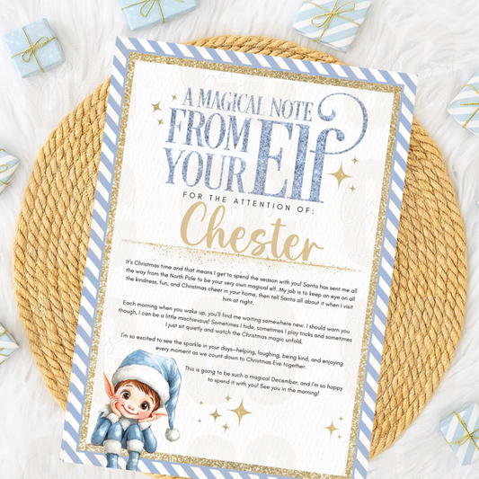 Christmas magic note from elf blue letter