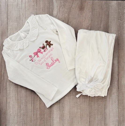White frill embroidered Christmas pyjamas