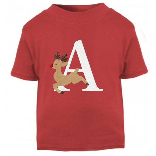 Christmas embroidered initial reindeer tshirt