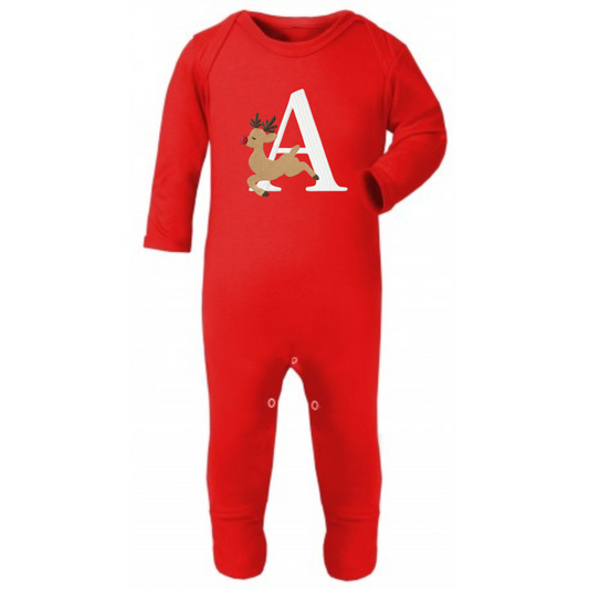 Red embroidered initial reindeer Christmas babygrow