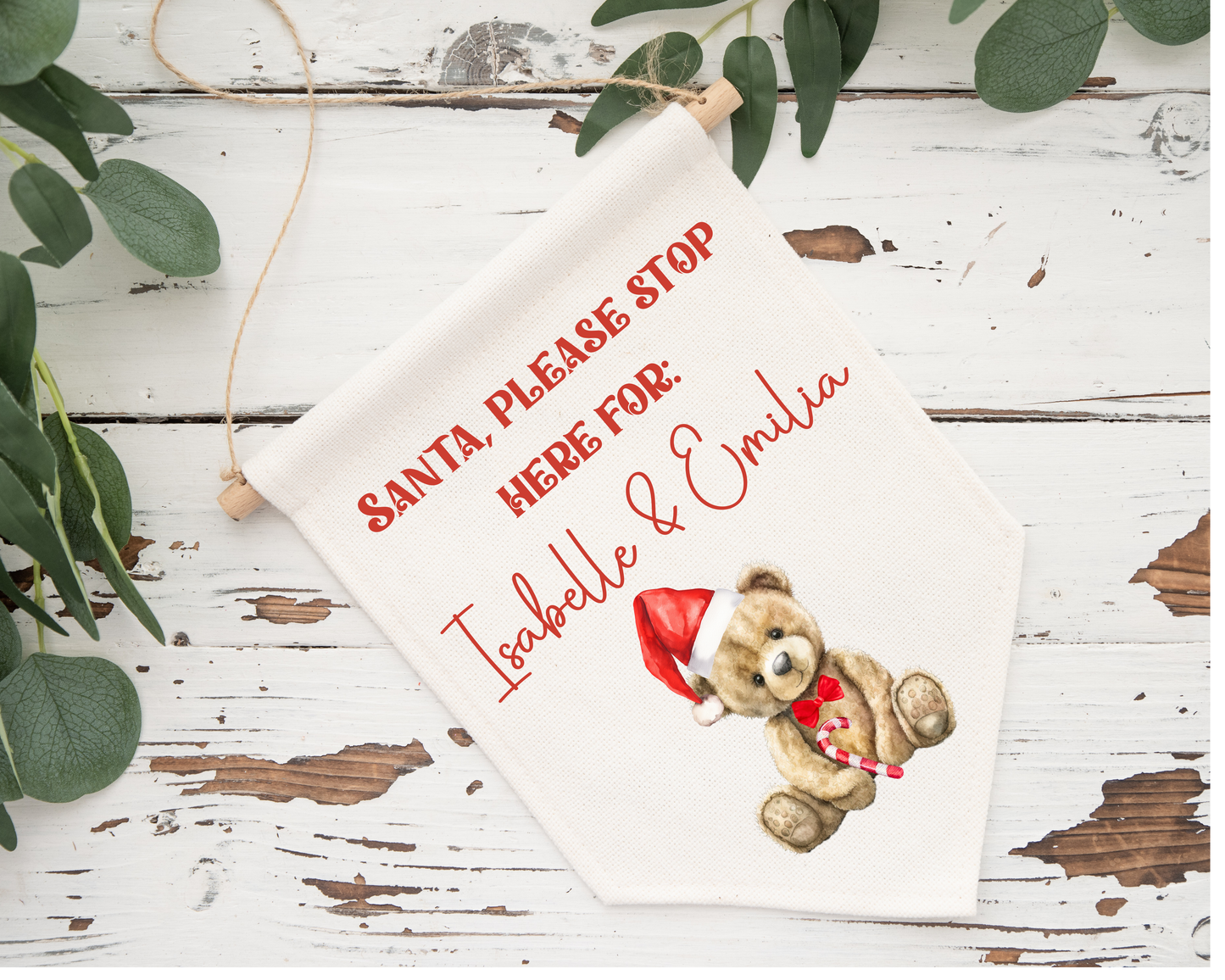 Christmas Santa stop here pennant - red bear