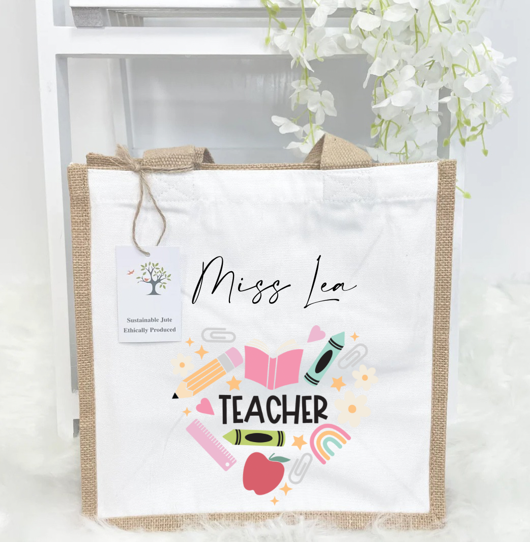 Heart teacher pink teacher jute bag