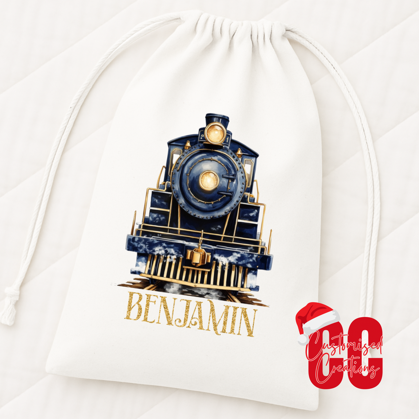 Christmas navy train gift sack