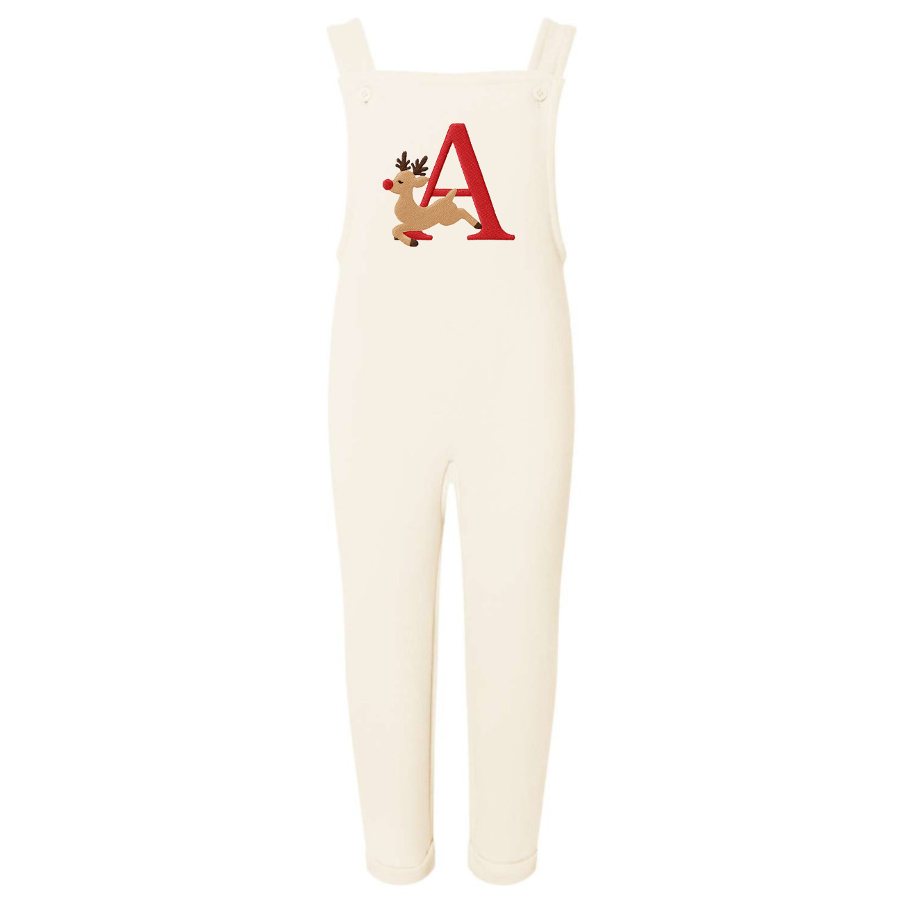 Cream embroidered initial reindeer overalls