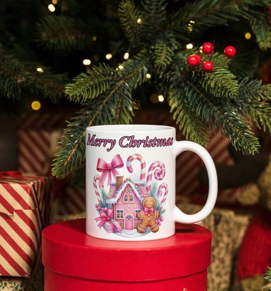 Pink Christmas gingerbread house mug