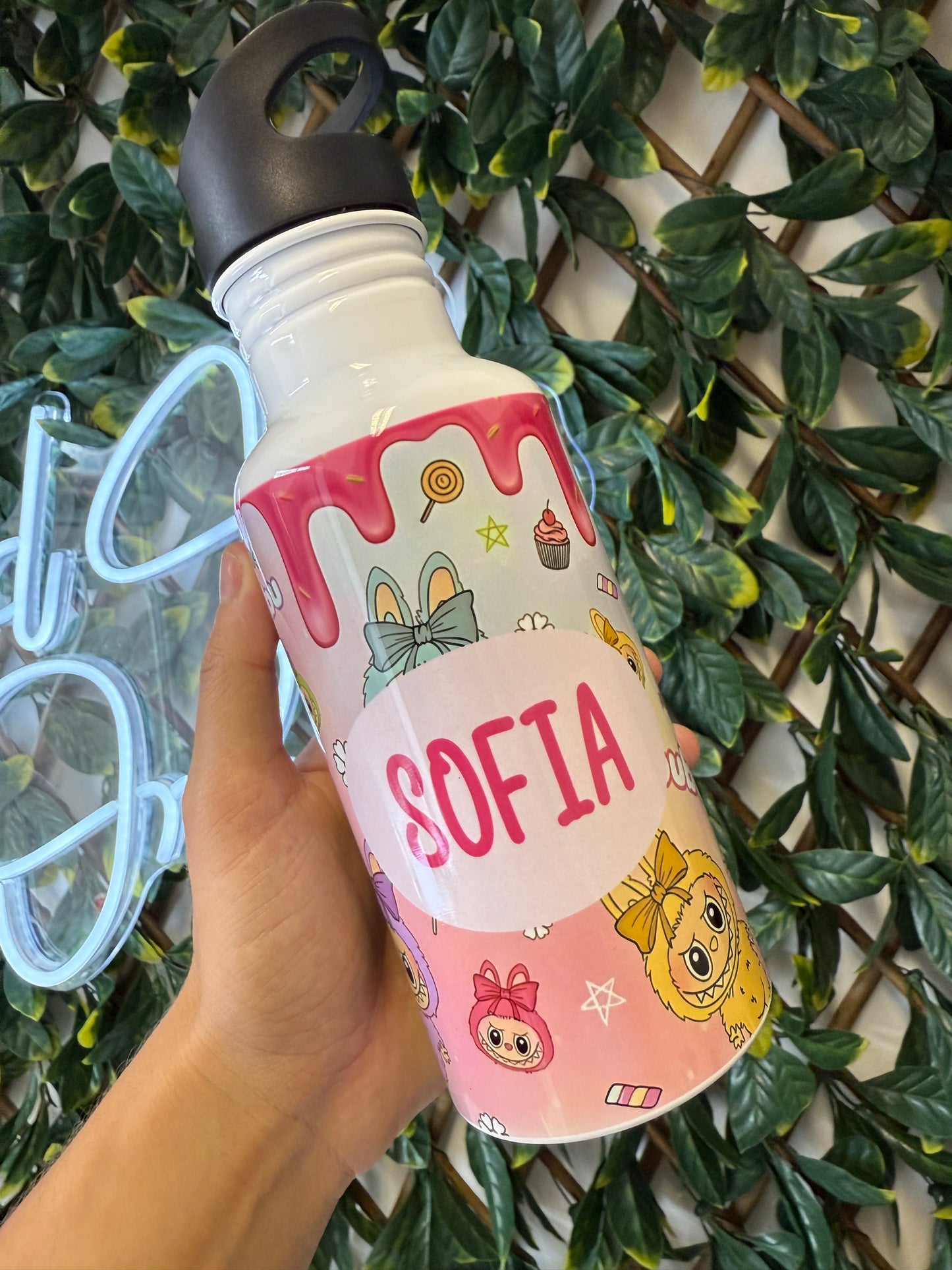 Stainless steel flip straw water bottle - pink Labubu