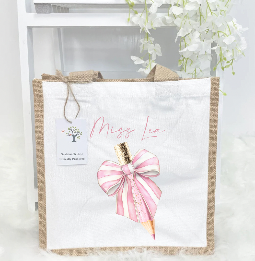 Pink pencil teacher jute bag