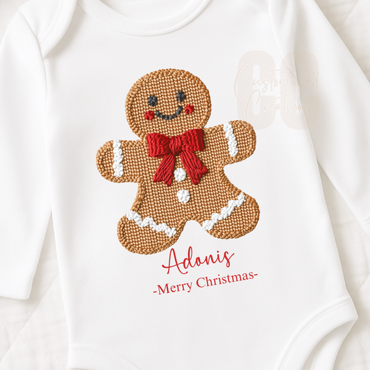 Red gingerbread Christmas embroidery effect bib/babygrow/vest