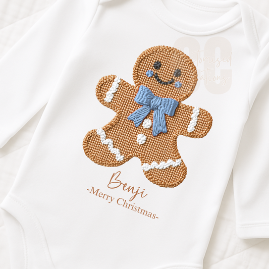Blue gingerbread Christmas embroidery effect bib/babygrow/vest