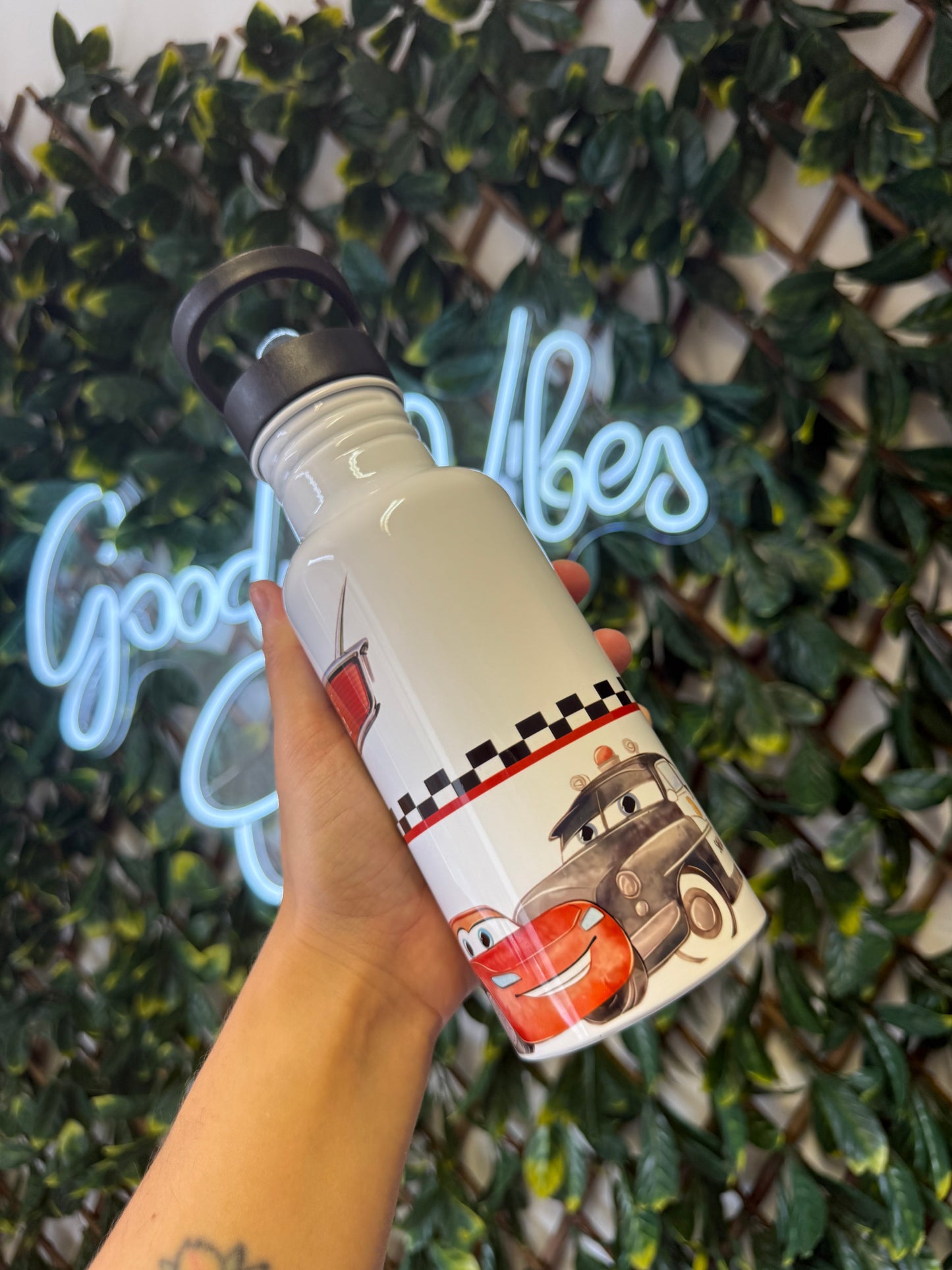 Stainless steel flip straw water bottle - cars