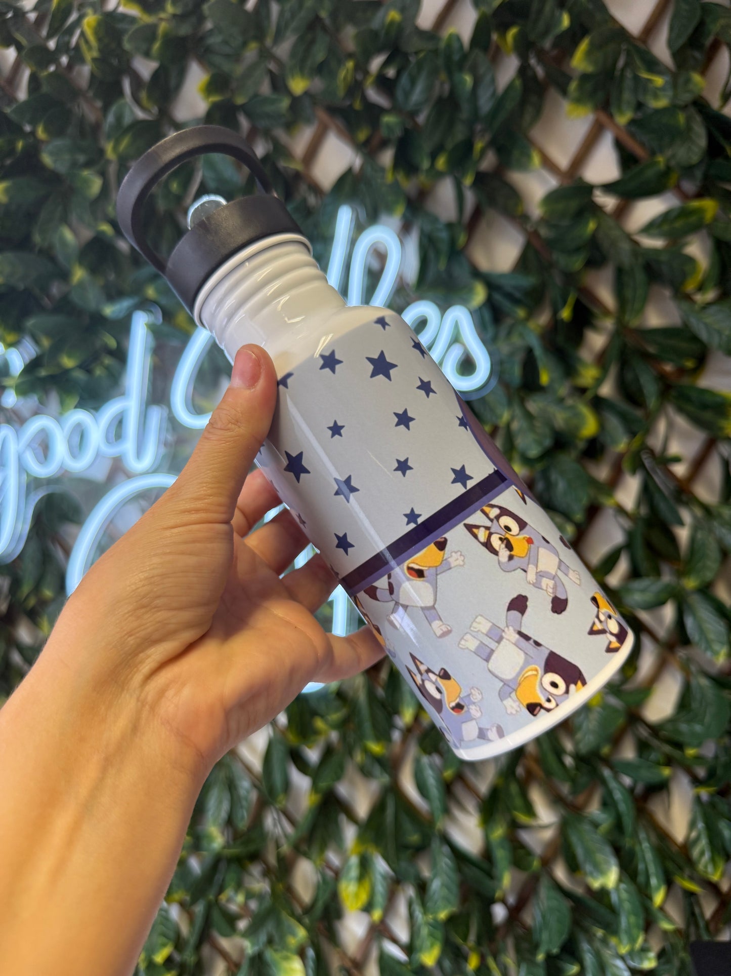 Stainless steel flip straw water bottle - blue Bluey