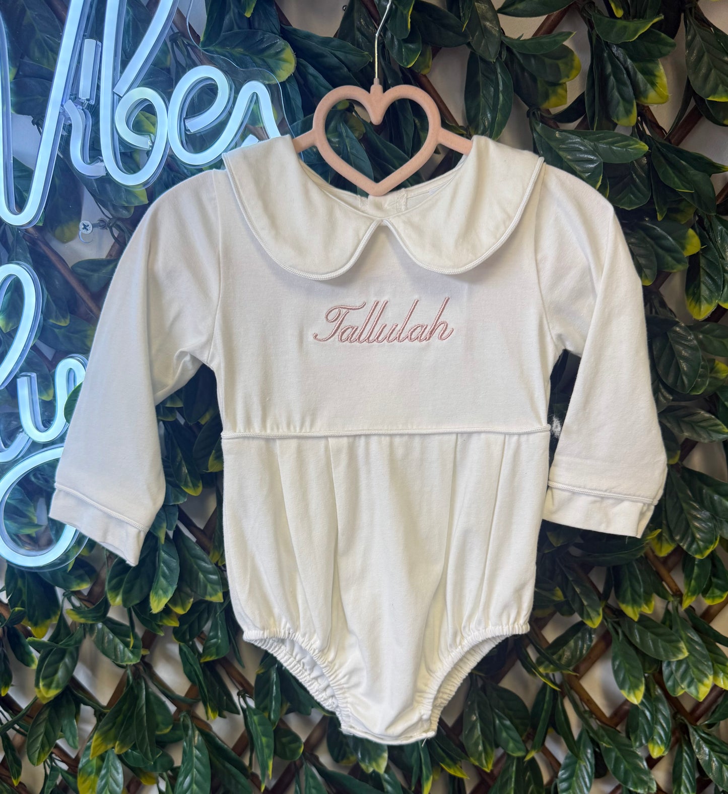 Embroidered Long sleeved collared romper - pink, blue or white