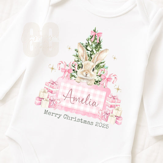Pink gingham bunny christmas bib/vest/babygrow