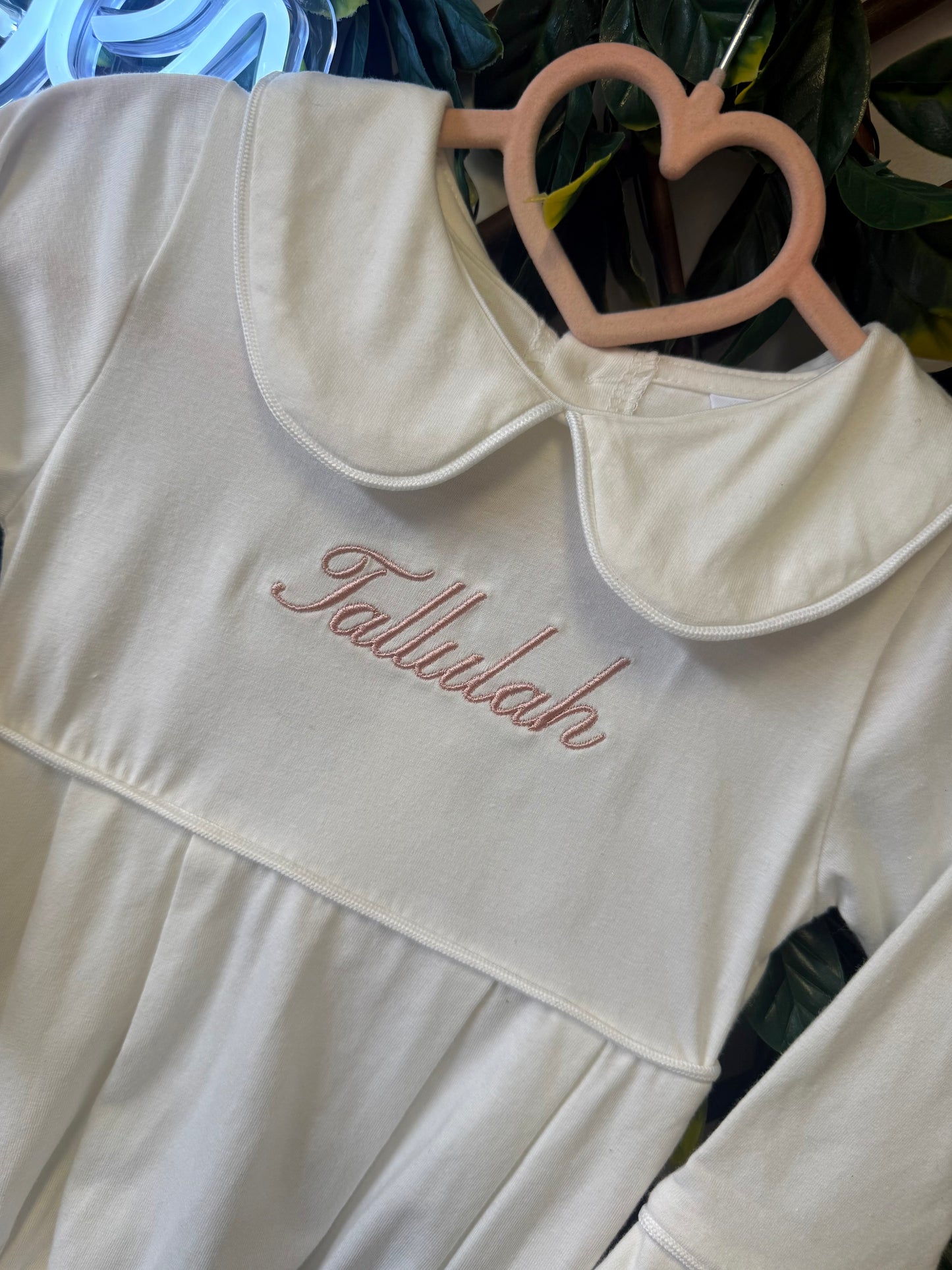 Embroidered Long sleeved collared romper - pink, blue or white
