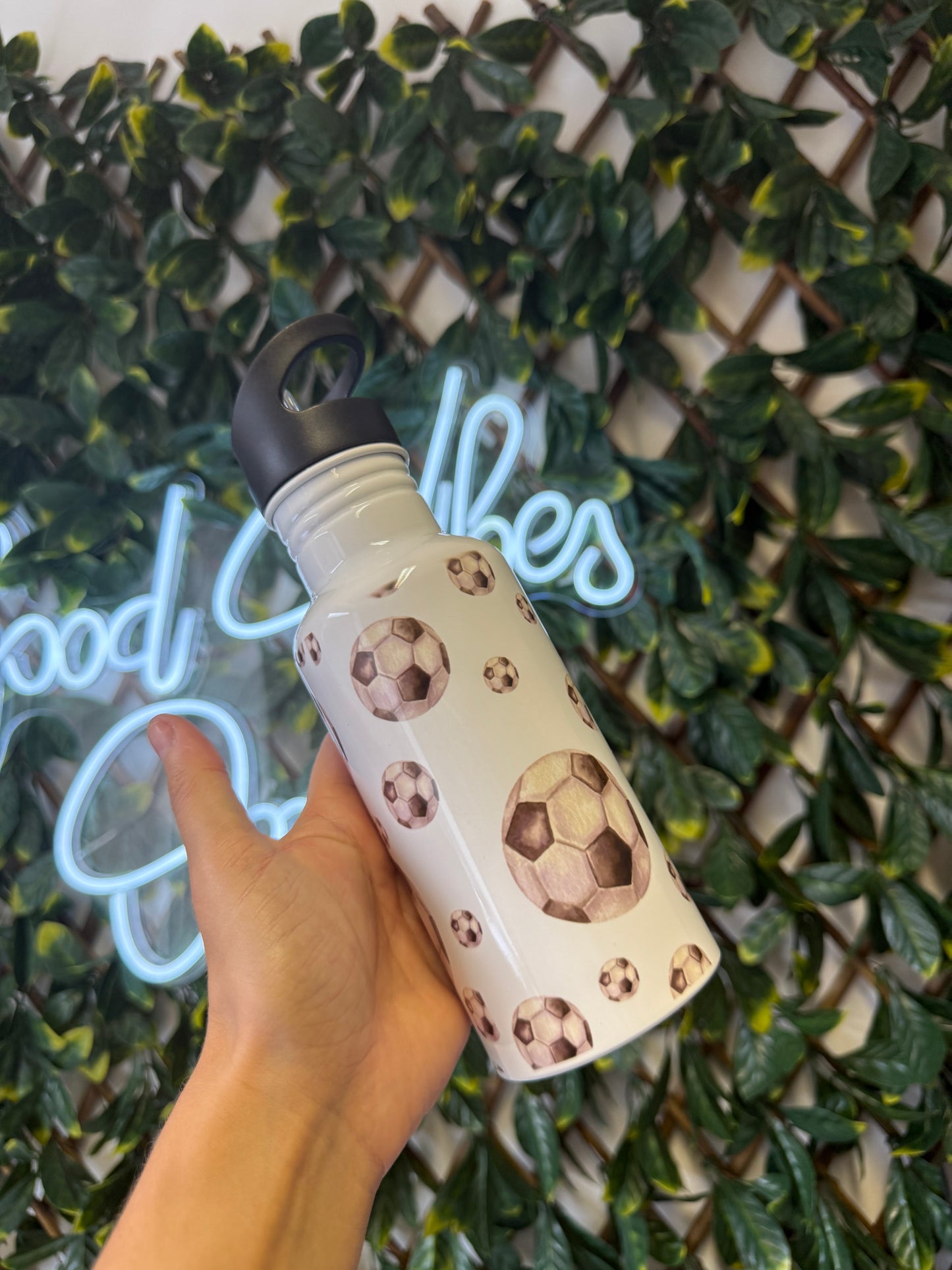 Stainless steel flip straw water bottle - football