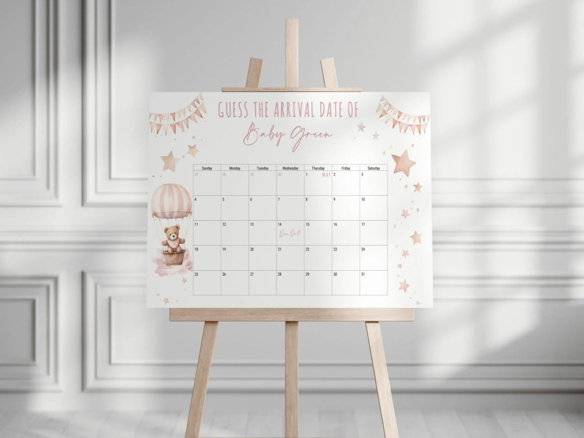 Bear In Hot Air Balloon Baby Shower Guess The Arrival Date Of Baby Board - Pink, Blue, Green, Neutral