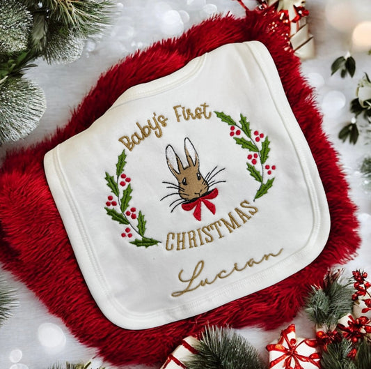 Baby's first Christmas rabbit embroidered bib