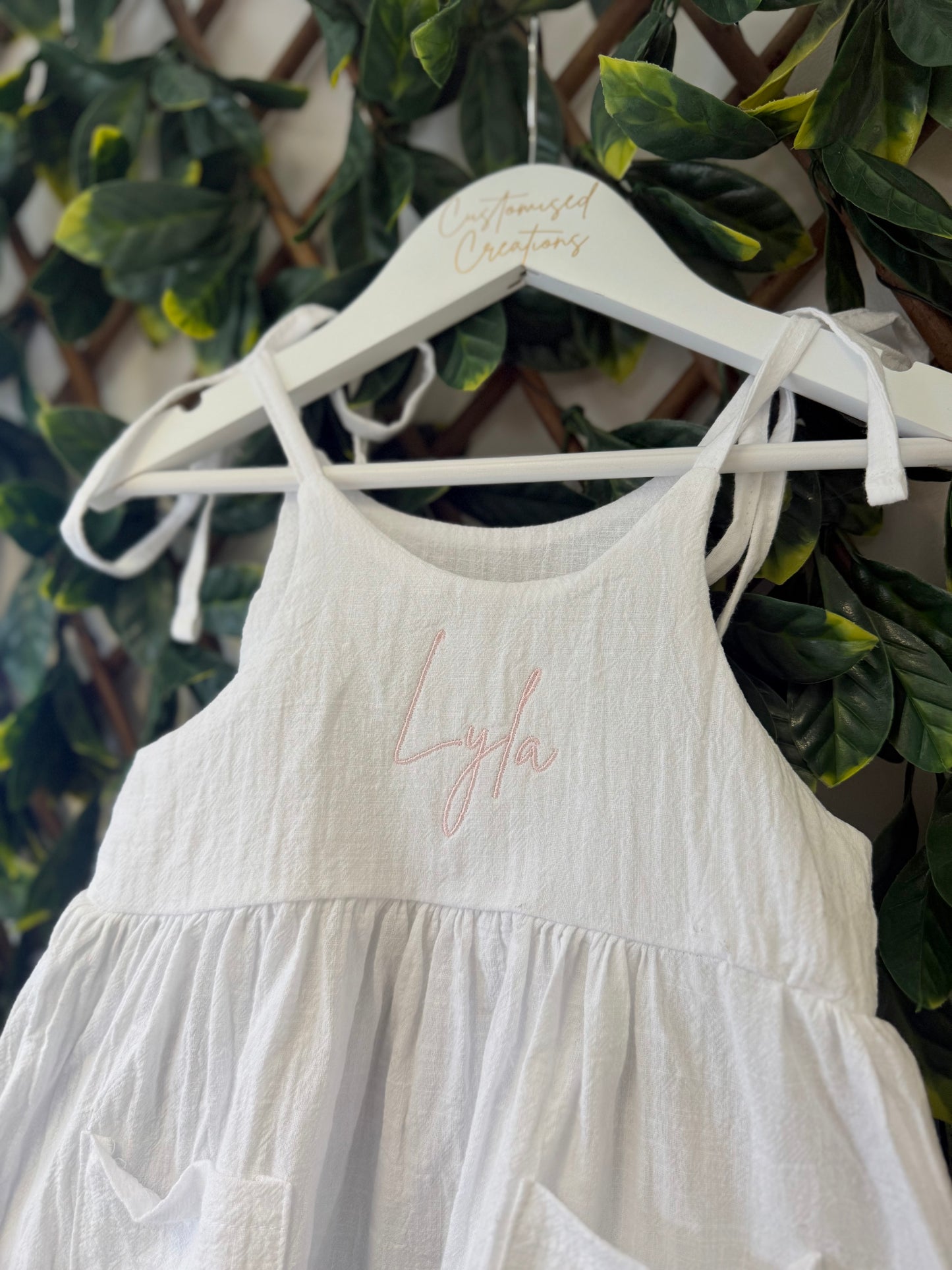 Personalised Girls Summer Dress – Name Detail & Tie Straps - Various Colours
