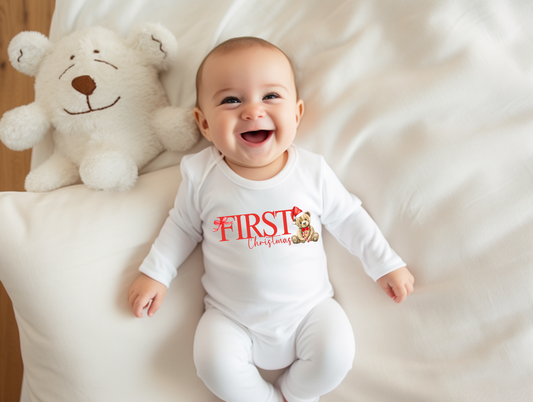 Red bear 1st Christmas babygrow