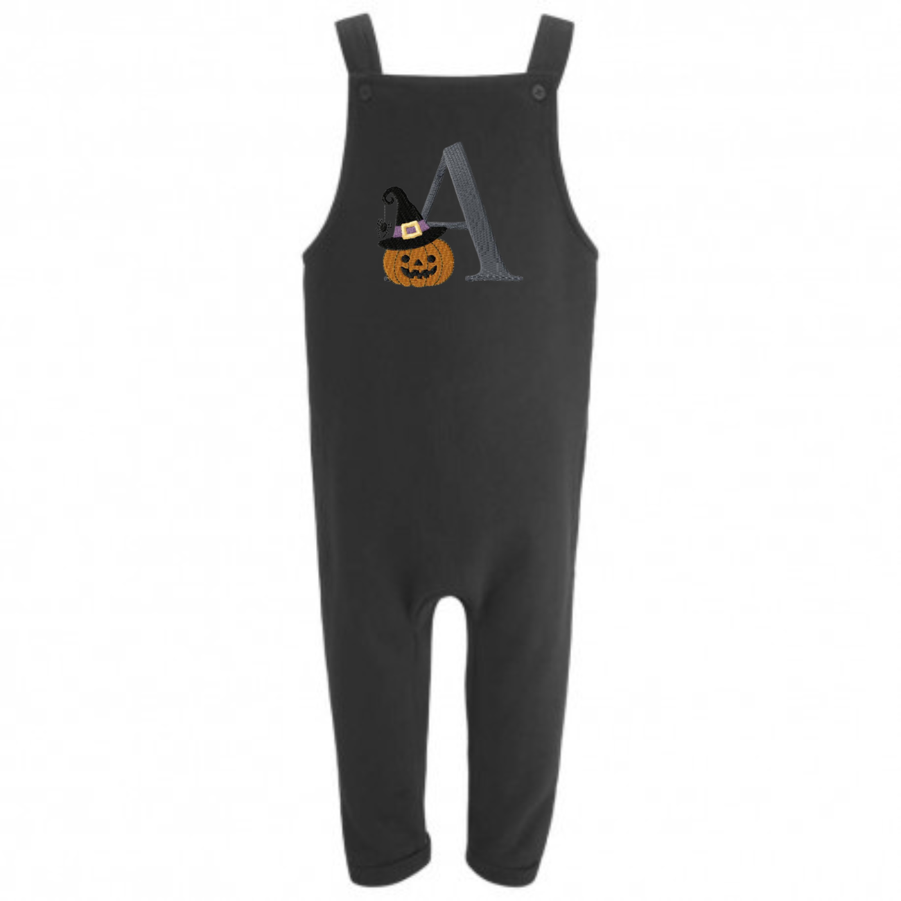 Black embroidered initial pumpkin Halloween overalls