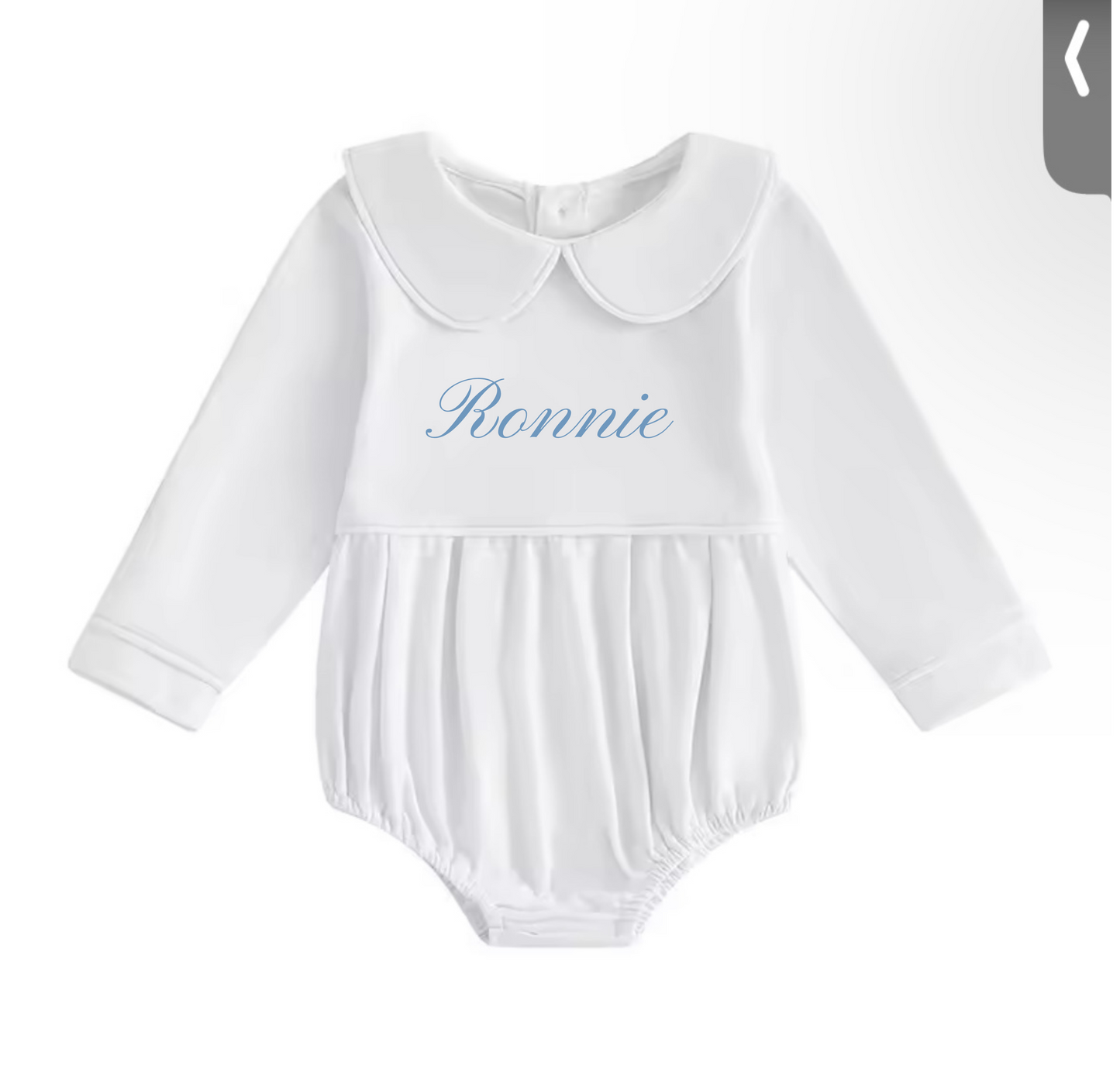 Embroidered Long sleeved collared romper - pink, blue or white